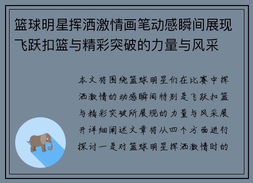 篮球明星挥洒激情画笔动感瞬间展现飞跃扣篮与精彩突破的力量与风采
